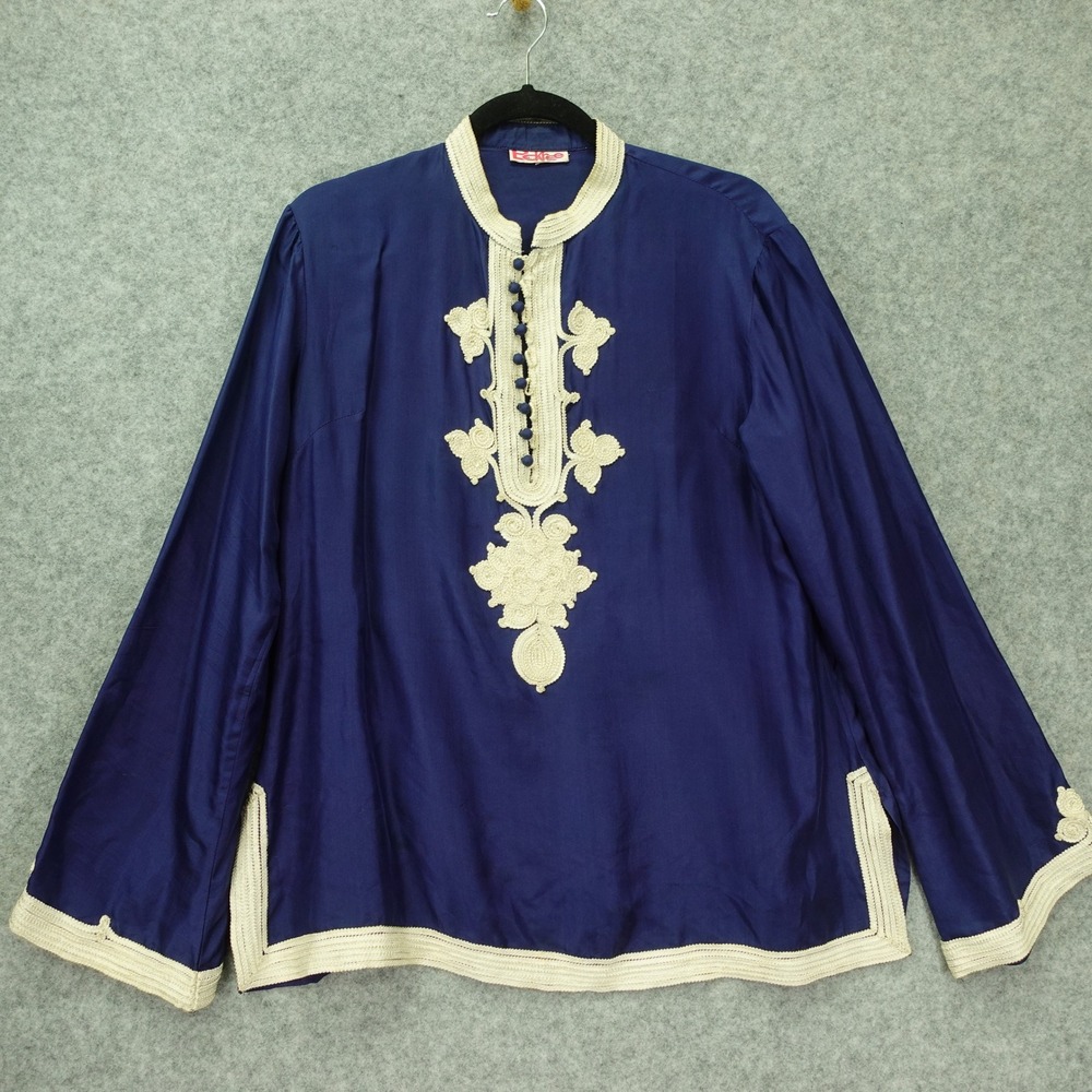 Vintage Moroccan Soutache Silk Tunic Top Womens L Blue Boho Festival Embroidered